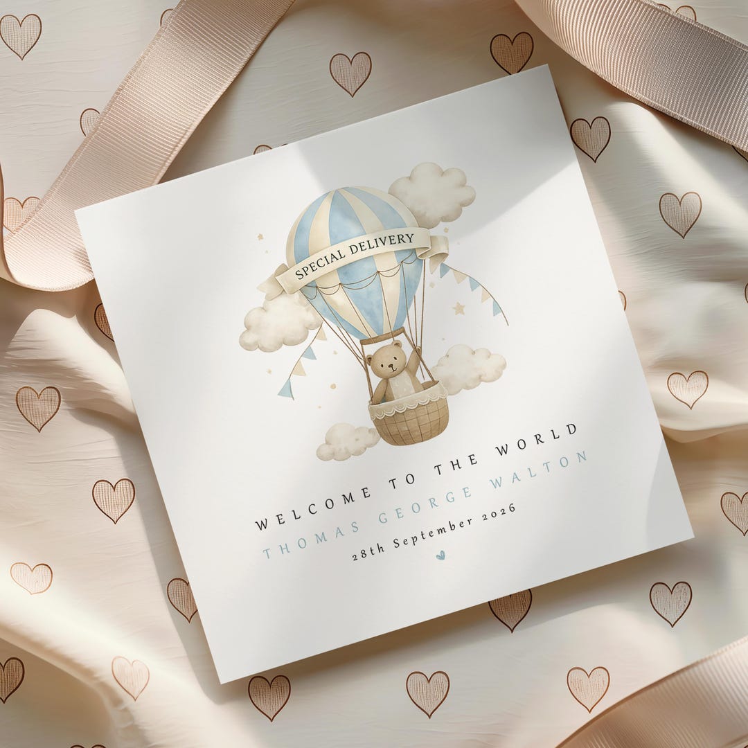 Watercolour New Baby Boy Card | Personalised Hot Air Balloon Welcome to ...