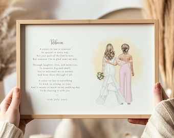 Personalised Sister in Law Print, Wedding Poem Keepsake, Custom Illustration Gift
