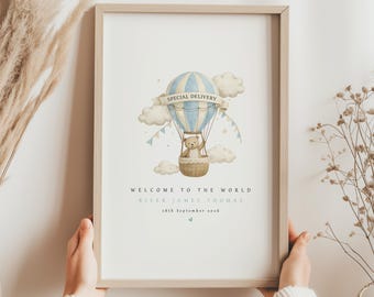 Personalised Baby Birth Print Blue Hot Air Balloon Nursery Wall Art Name Date