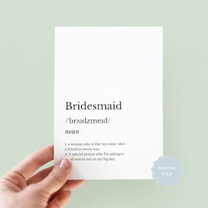 "Druckbare Brautjungfer Definition Karte, ""will you be my Brautjungfer"" Karten, Brautjungfer Hochzeitskarte, Brautjungfer Vorschlag, herunterladbar, digital."