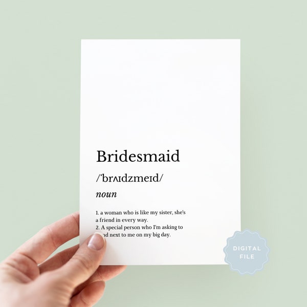 Printable Bridesmaid Definition Card, Will You Be My Bridesmaid Cards, Bridesmaid Wedding Card, Bridesmaid Proposal, Downloadable, Digital
