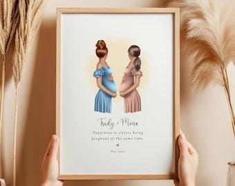 Personalised Pregnant Sisters Print | Pregnancy Gift for Sisters | Two Mum To Be Portrait Keepsake