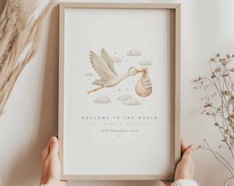 Personalised Watercolour Stork Birth Print | Custom Name, Date Nursery Art (Printed or Digital Download)