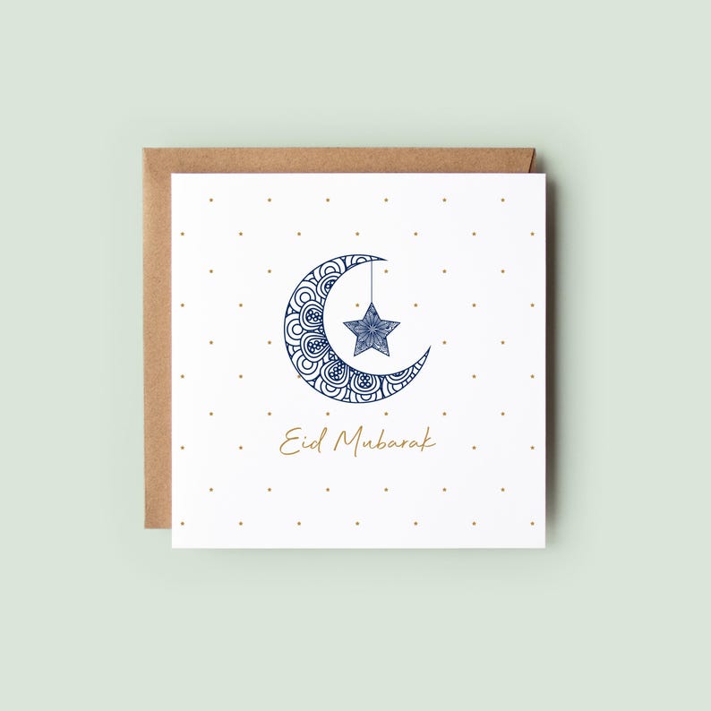 Elegant square Eid Mubarak card with a navy patterned crescent moon and hanging star, dotted gold stars on a white background and Eid Mubarak text in gold script.