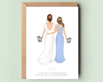 May include: A wedding card with an illustration of two women in wedding attire. The bride is wearing a white dress and the bridesmaid is wearing a light blue dress. The text on the card reads "Heidi, I can't say 'I do' without you! Will you be my junior bridesmaid?"