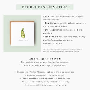 Cute baby congratulations card featuring smiling peas in a pod and the message “A new little pea in your pod,” printed on recycled card with a kraft envelope.