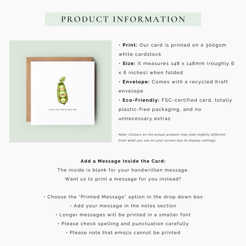 Cute baby congratulations card featuring smiling peas in a pod and the message “A new little pea in your pod,” printed on recycled card with a kraft envelope.