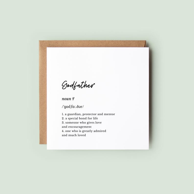 Minimalist godfather definition card with modern typography on textured card. Ideal for godparent proposal, Christening, or naming day gift.