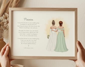 Personalised Friend Wedding Print, Custom Bride Illustration, Poem Keepsake (Printed or Digital Download)