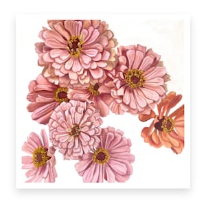 May include: Watercolor painting of a cluster of pink zinnia flowers with yellow centers. The flowers have multiple layers of delicate petals, and the artwork is set against a white background. The color palette includes shades of pink, peach, and yellow.