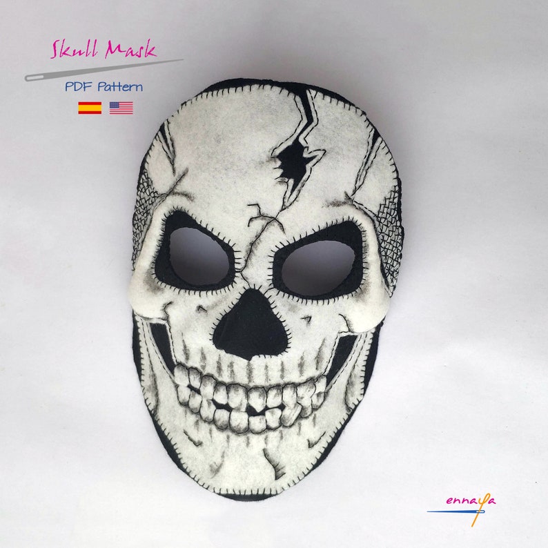 Patr\u00f3n m\u00e1scara calavera M\u00e1scara de fieltro PDF patr\u00f3n de costura Day of the Dead PDF Skull Mask PDF Sewing Pattern Halloween