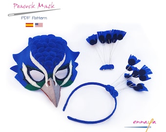 PDF Peacock Mask, PDF Sewing Pattern, Halloween, Felt mask, Dress up