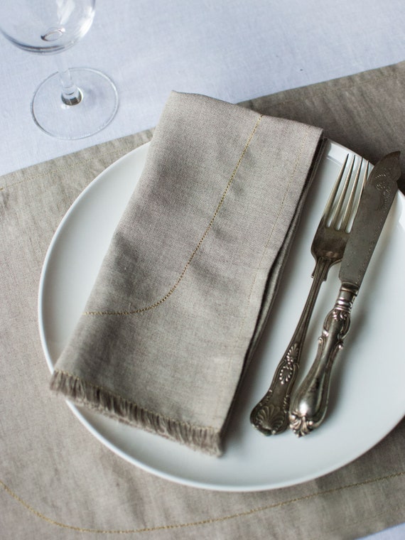 Linen Napkins with frayed edges and golden decorative Etsy