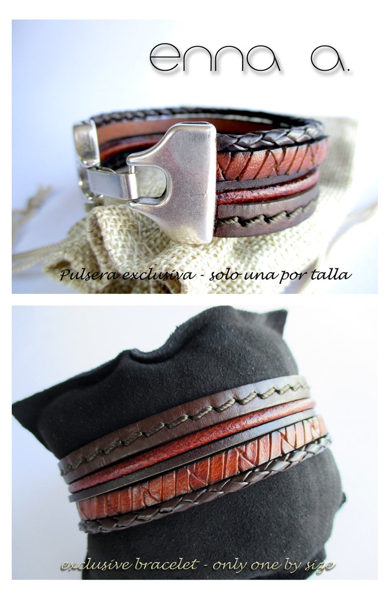engraved and sewn brown smooth Braided leather bracelet