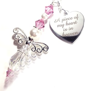 A Piece of My Heart is in Heaven - Memorial Birthstone Angel Charm - Rear View Mirror Charm - Hanging Angel Charm