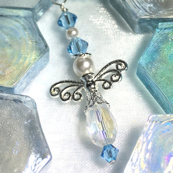 March Birthstone Aquamarine Guardian Angel Car Charm - Rear View Mirror Charm - Protection Charm - Window Sun Catcher