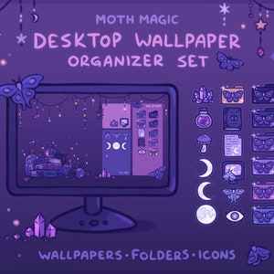 Ensemble organisateur de papier peint pour ordinateur de bureau, thème de la magie des papillons de nuit