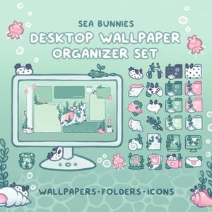 May include: A digital desktop organizer set with a sea bunny theme. The set includes wallpapers, folders, and icons in shades of green, pink, and white. The text "SEA BUNNIES DESKTOP WALLPAPER ORGANIZER SET" is displayed at the top. The words "WALLPAPERS • FOLDERS • ICONS" are at the bottom.
