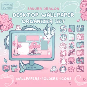 May include: A digital desktop wallpaper organizer set titled Sakura Dragon. The set includes a computer monitor graphic with a pink and blue theme, featuring cherry blossom trees, dragon motifs, and various icons and folders for organization.
