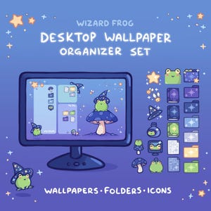 Może przedstawiać: Cyfrowy zestaw organizerów na pulpit zatytułowany WIZARD FROG DESKTOP WALLPAPER ORGANIZER SET. Zawiera monitor komputerowy z żabą w czarodziejskim kapeluszu na grzybie oraz różne ikony, foldery i grafiki z motywem gwiazd.
