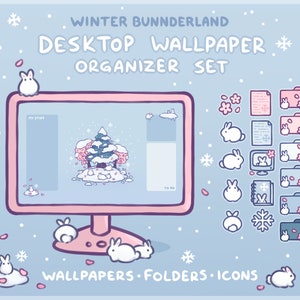 Winter Bunnderland Computer Desktop Theme Background Wallpaper Organizer Set