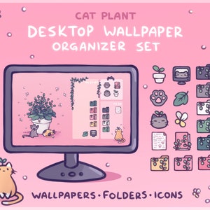 Cat Plant Computer Desktop Theme Background Wallpaper Organizer Set image 1
