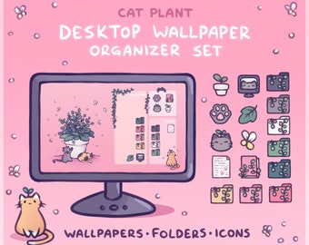 Cat Plant Computer Desktop Theme Background Wallpaper Organizer Set