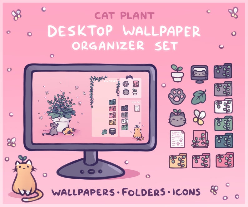 Cat Plant Computer Desktop Theme Background Wallpaper Organizer Set image 1