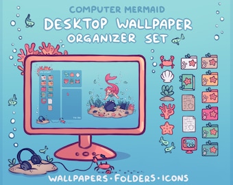 Mermaid Underwater Computer Desktop Theme Background Wallpaper Organizer Set