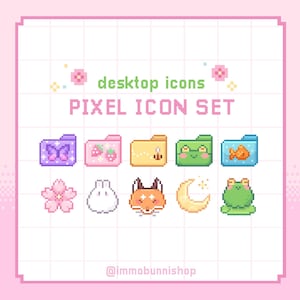 May include: Pixel art desktop icons set featuring folders with butterfly, strawberry, bee, frog, and fish designs. Additional icons include a cherry blossom, bunny, fox, moon, and frog. The text "desktop icons PIXEL ICON SET" is displayed.