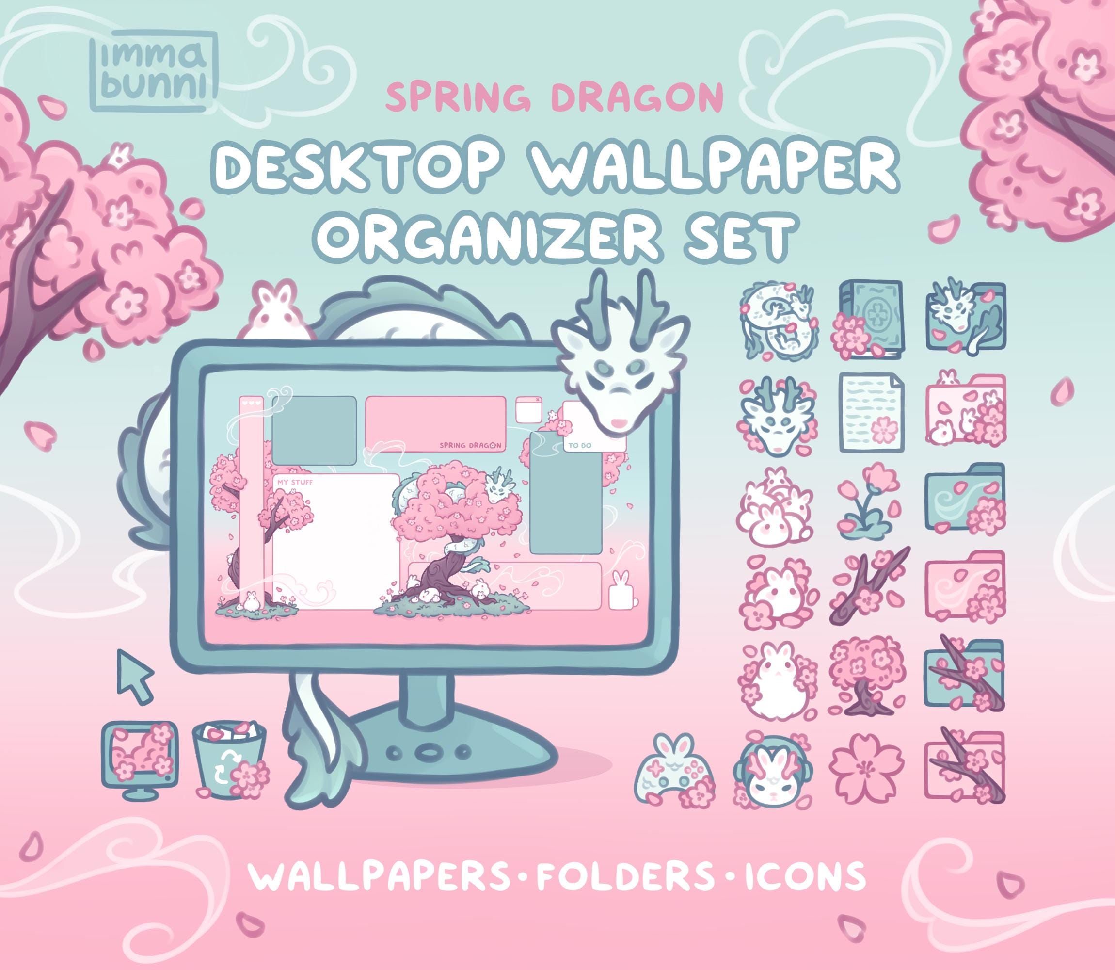 Spring Dragon Computer Desktop Theme Background Wallpaper Organizer Set ~ Sakura Cherry Blossom Bunnies and Dragons ~