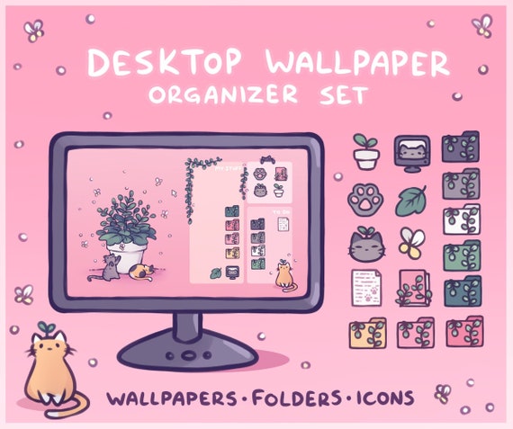 Cat Plant Computer Desktop Theme Background Wallpaper - Etsy