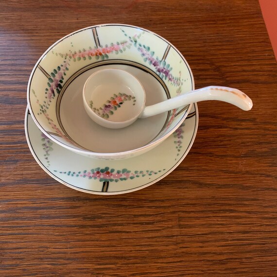 3pc Nippon Hand Painted Sauce Bowl Underplate and Ladle