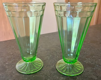 2 Green Uranium Depression Glass Footed Tumbkers Parfaits