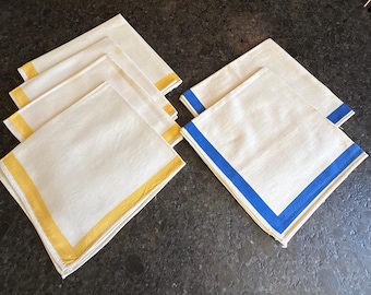 6 servilletas vintage de algodón y lino blancas, amarillas y azules.