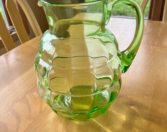 Vintage Green Uranium Glass Pitcher Federal Honeycomb