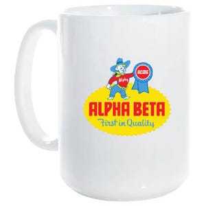 May include: White ceramic mug with a cartoon cowboy holding a blue ribbon with the word "ACME" on it. The cowboy is wearing a red shirt and blue jeans. The text "ALPHA BETA" is in red letters with the words "First in Quality" below it.