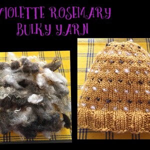 May include: A close-up of a skein of yarn in a brown and white color combination. The yarn is on a yellow and blue checkered surface. A knitted hat in a mustard yellow color with white and black accents is also shown on a yellow and blue checkered surface. The text "VIOLETTE ROSEMARY BULKY YARN" is displayed above the image.