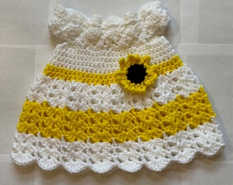 Hand Crocheted Sunflower Baby Dress/Crocheted Baby Dress/Yellow and White Baby Dress