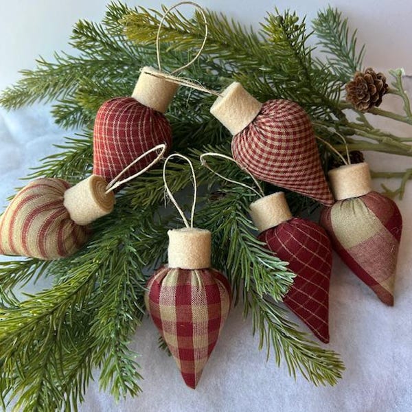 Primitive Homespun Handmade Christmas Tree Bulbs Hanging Ornaments