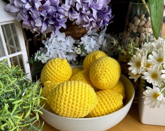 Crochet Lemons Amigurumi Spring Summer Gift Home Decor Centerpiece Farmhouse Feng Shui Rustic Cottage Yellow Bowl Filler Tiered Tray Picnic