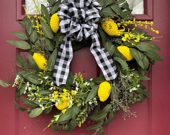 Crochet Lemon Eucalyptus Wreath with Black and White Buffalo Check Wired Ribbon, Spring/Summer Decor, Front Door, Mantle, Wall, Entryway