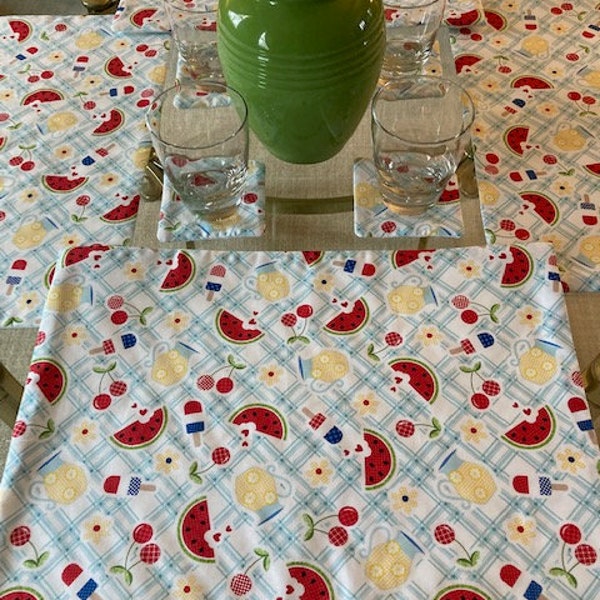 Fabric Summer Placemats/Picnic Print Placemats/Watermelon and Lemonade Placemats