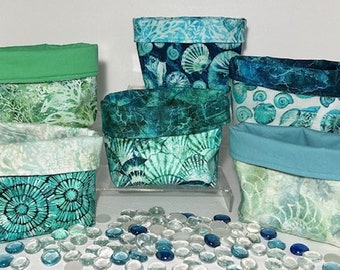 Fabric Basket Summer Gift Beach Shells Ocean Reversible Batik Storage Organization Blues Greens Waves