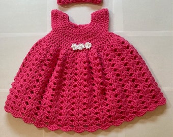 Hand Crocheted Pink Baby Dress with headband/Crocheted Baby Dress with headband/Pink Baby Dress