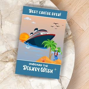 May include: A blue and red cruise ship with the text "Best cruise ever!" and "Onboard the Disney Wish" on a blue background with a sunset, palm trees, and a genie.