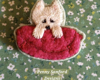 Hand Embroidered Westie on Pillow Brooch by Penny Sanford