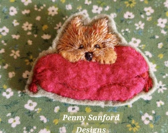 Hand Embroidered Cairn on Pillow Brooch by Penny Sanford