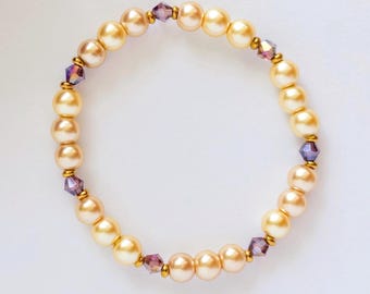 Champagne Pearl Bracelet – Crystal Beads, Gold Accents, Neutral Stacking Bracelet