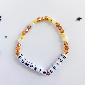 Pumpkin Spice Word Bracelet: Orange Glass Beads, Gold Accents, Custom Fall Jewelry